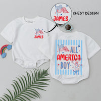 Personalized All American Boy Baby Romper, Red White Blue 4th of July Outfit, Patriotic Infant Toddler Bubble Romper with Name James