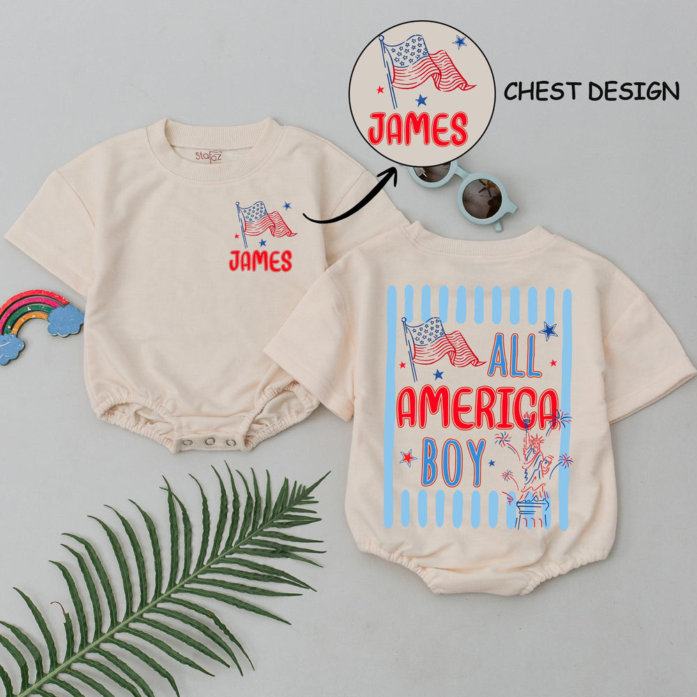 Personalized All American Boy Baby Romper, Red White Blue 4th of July Outfit, Patriotic Infant Toddler Bubble Romper with Name James