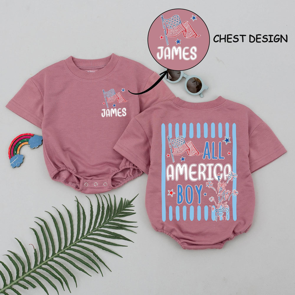 Personalized All American Boy Baby Romper, Red White Blue 4th of July Outfit, Patriotic Infant Toddler Bubble Romper with Name James