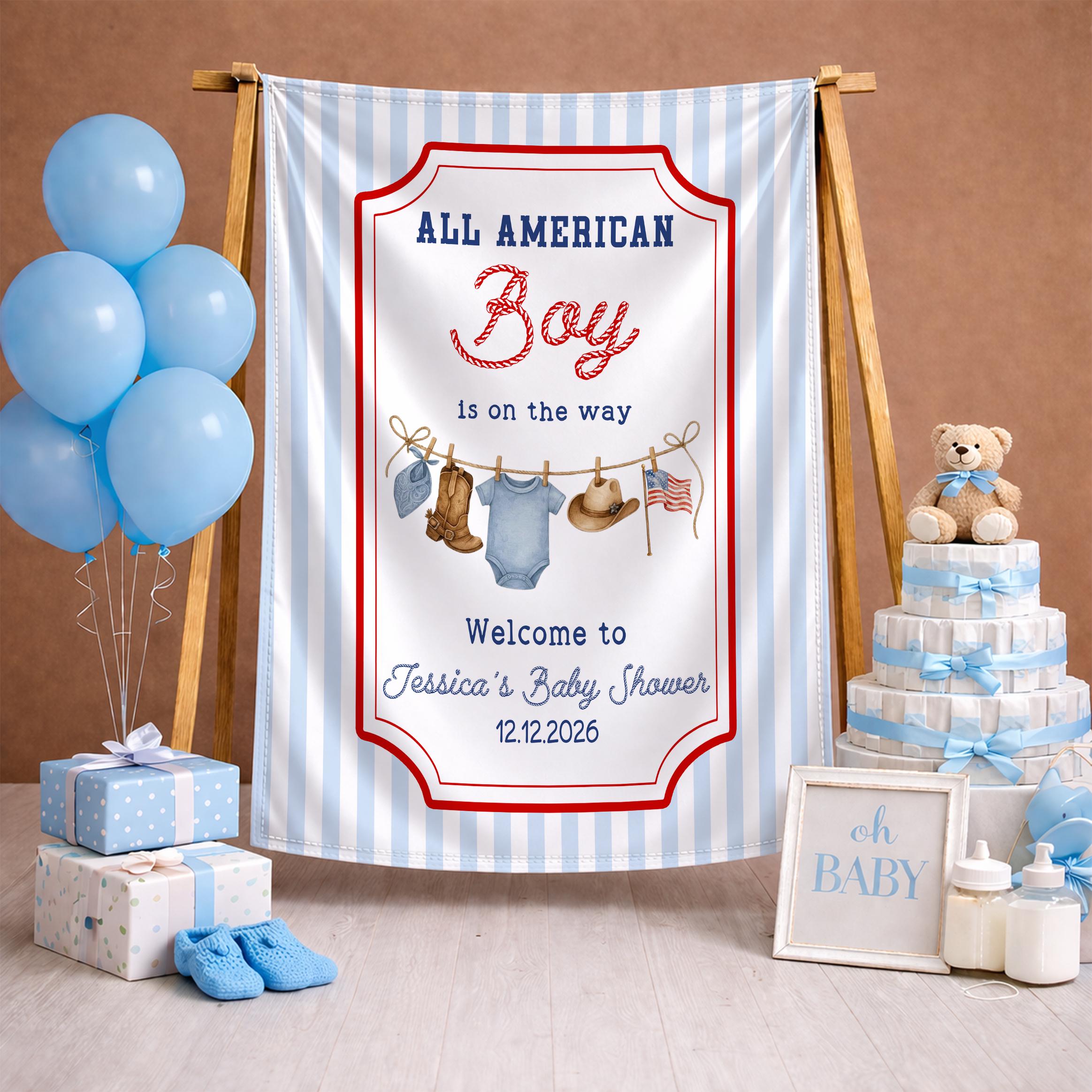 Personalized All American Boy Baby Shower Welcome Sign with Red Ornate Border Custom Cowboy Party Decor for Western Baby Boy Celebration