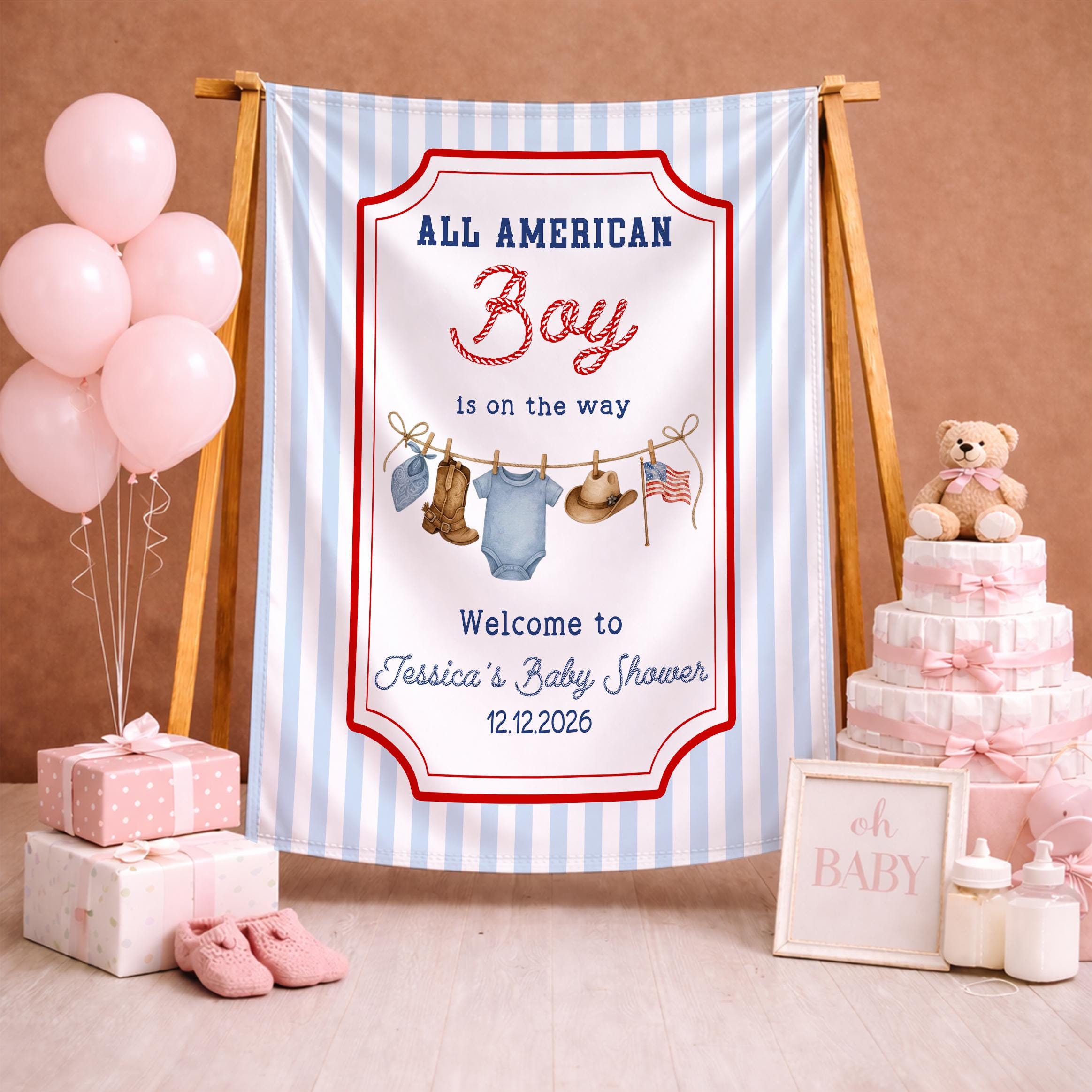 Personalized All American Boy Baby Shower Welcome Sign with Red Ornate Border Custom Cowboy Party Decor for Western Baby Boy Celebration