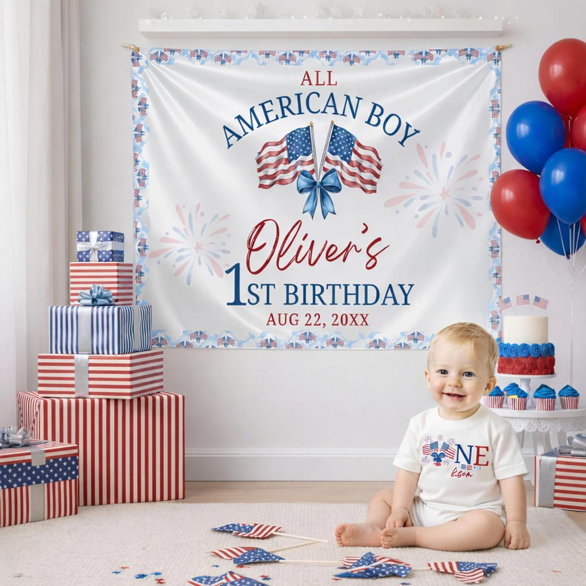 Personalized All American Boy Birthday Romper and Silk Banner Set Patriotic ONE Design Baby Shower USA Theme Party Backdrop Decor