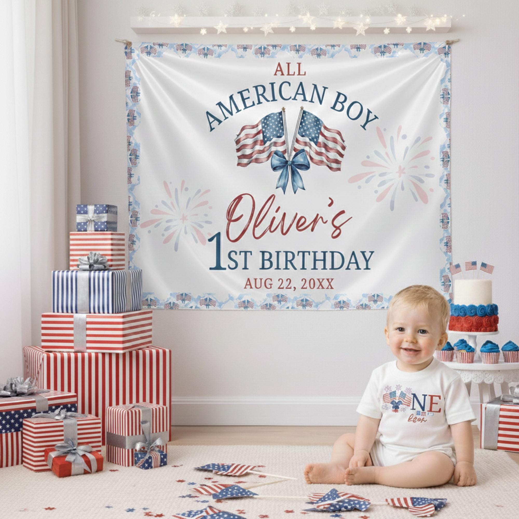 Personalized All American Boy Birthday Romper and Silk Banner Set Patriotic ONE Design Baby Shower USA Theme Party Backdrop Decor