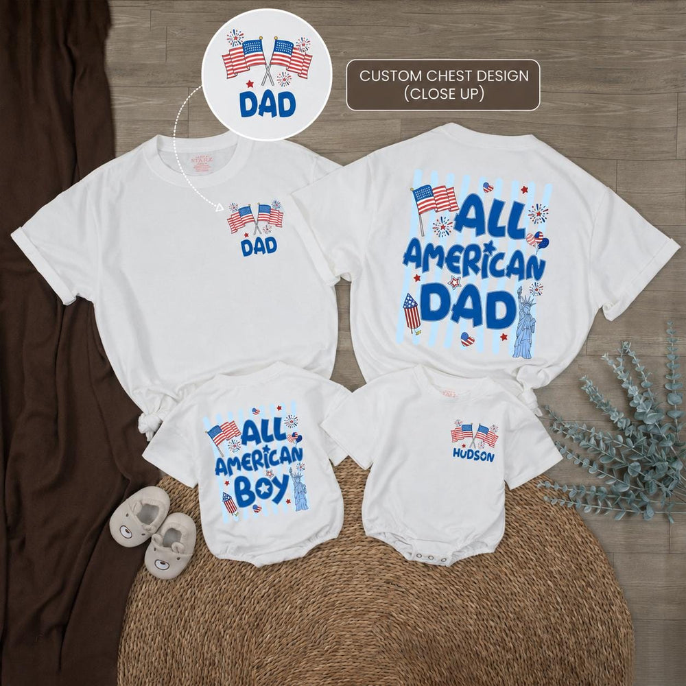 Personalized All American Boy Romper with Statue of Liberty Patriotic 4th of July Outfit for Baby Family Reunion Red White Blue