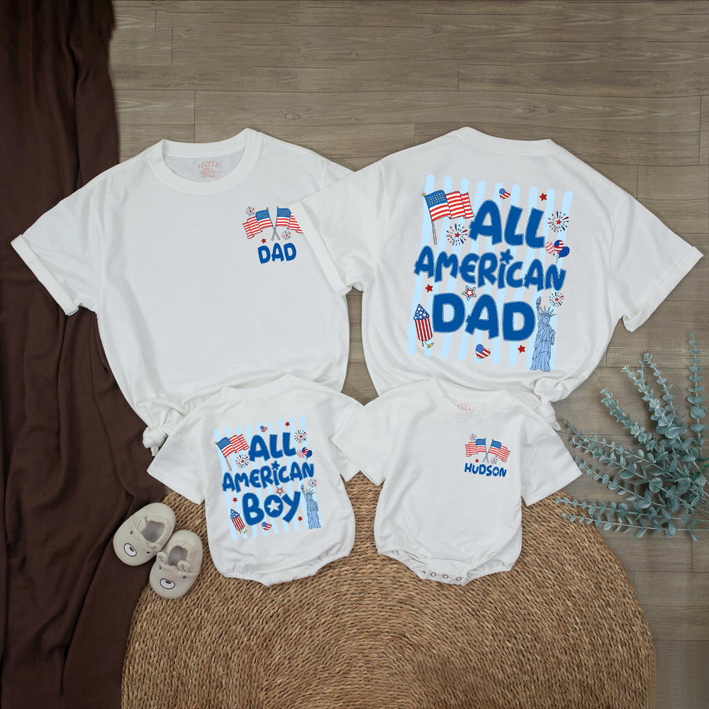 Personalized All American Boy Romper with Statue of Liberty Patriotic 4th of July Outfit for Baby Family Reunion Red White Blue
