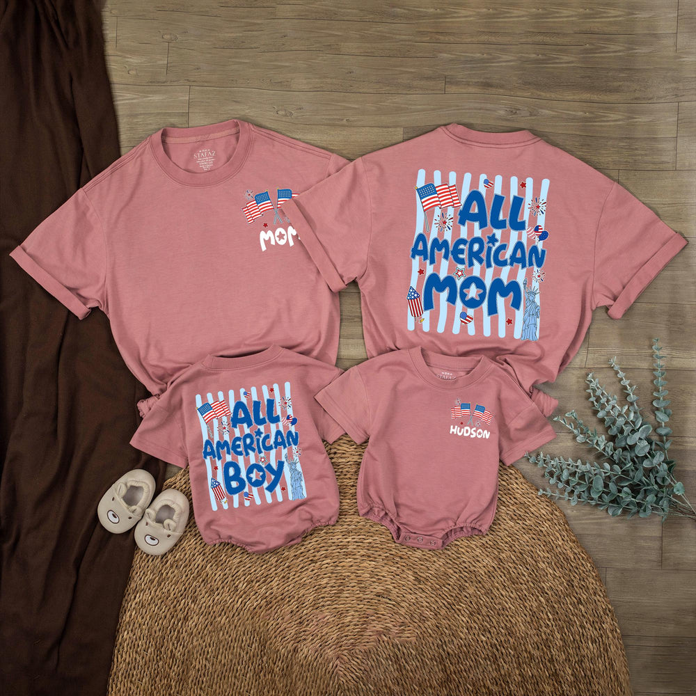Personalized All American Boy Romper with Statue of Liberty Patriotic 4th of July Outfit for Baby Family Reunion Red White Blue