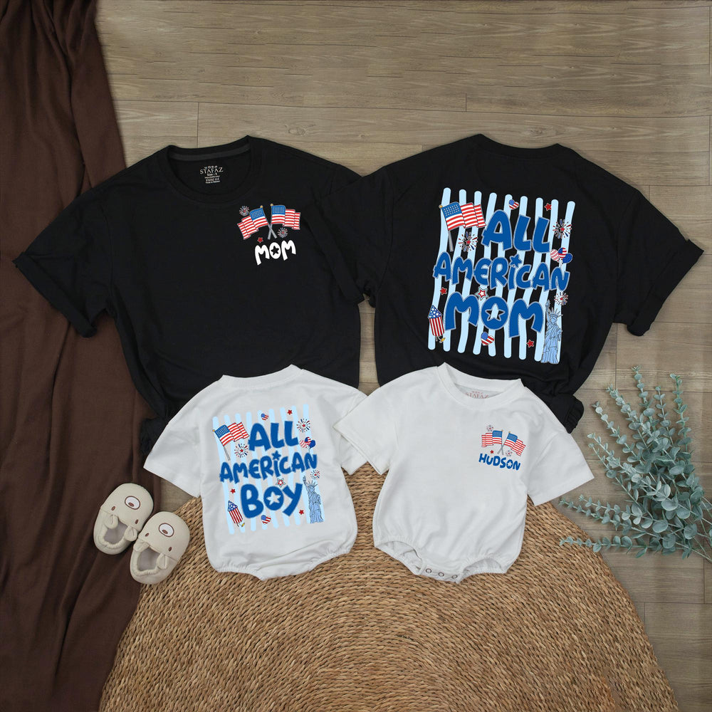 Personalized All American Boy Romper with Statue of Liberty Patriotic 4th of July Outfit for Baby Family Reunion Red White Blue