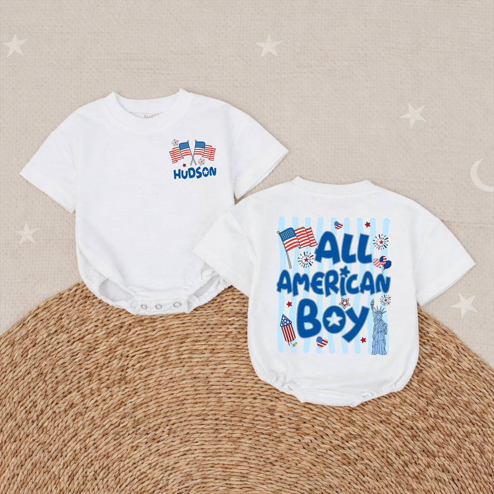 Personalized All American Boy Romper with Statue of Liberty Patriotic 4th of July Outfit for Baby Family Reunion Red White Blue