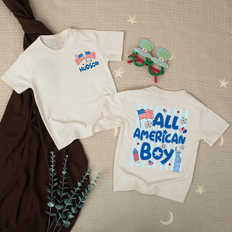 Personalized All American Boy Romper with Statue of Liberty Patriotic 4th of July Outfit for Baby Family Reunion Red White Blue