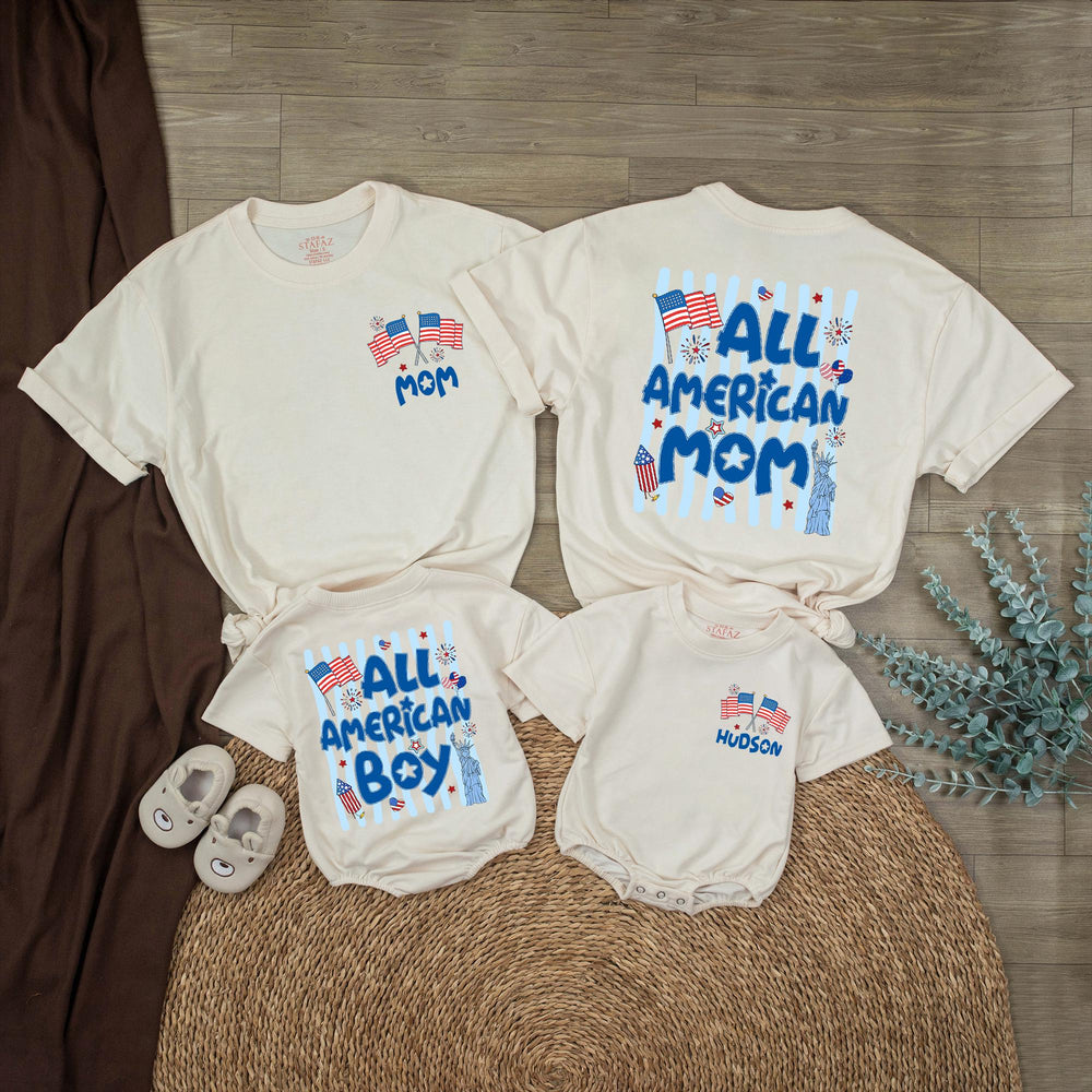Personalized All American Boy Romper with Statue of Liberty Patriotic 4th of July Outfit for Baby Family Reunion Red White Blue