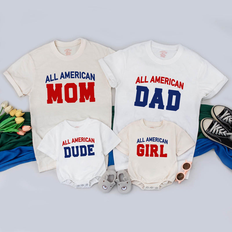 Personalized All American Dude Shirt Patriotic Family Outfit 4th of July Clothes Custom Mom Dad Girl Baby Romper Sporty Cotton Design