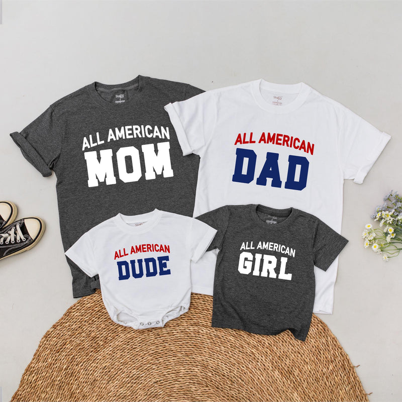 Personalized All American Dude Shirt Patriotic Family Outfit 4th of July Clothes Custom Mom Dad Girl Baby Romper Sporty Cotton Design