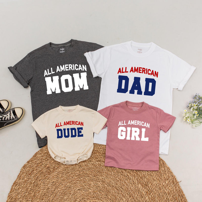 Personalized All American Dude Shirt Patriotic Family Outfit 4th of July Clothes Custom Mom Dad Girl Baby Romper Sporty Cotton Design