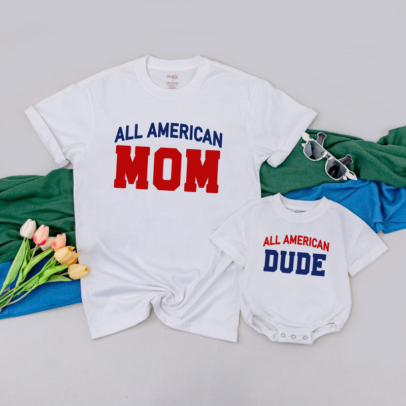 Personalized All American Dude Shirt Patriotic Family Outfit 4th of July Clothes Custom Mom Dad Girl Baby Romper Sporty Cotton Design