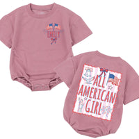 Personalized All American Girl Baby Romper with Name and Patriotic Graphics Red White Blue Bow Toddler Fourth of July Outfit
