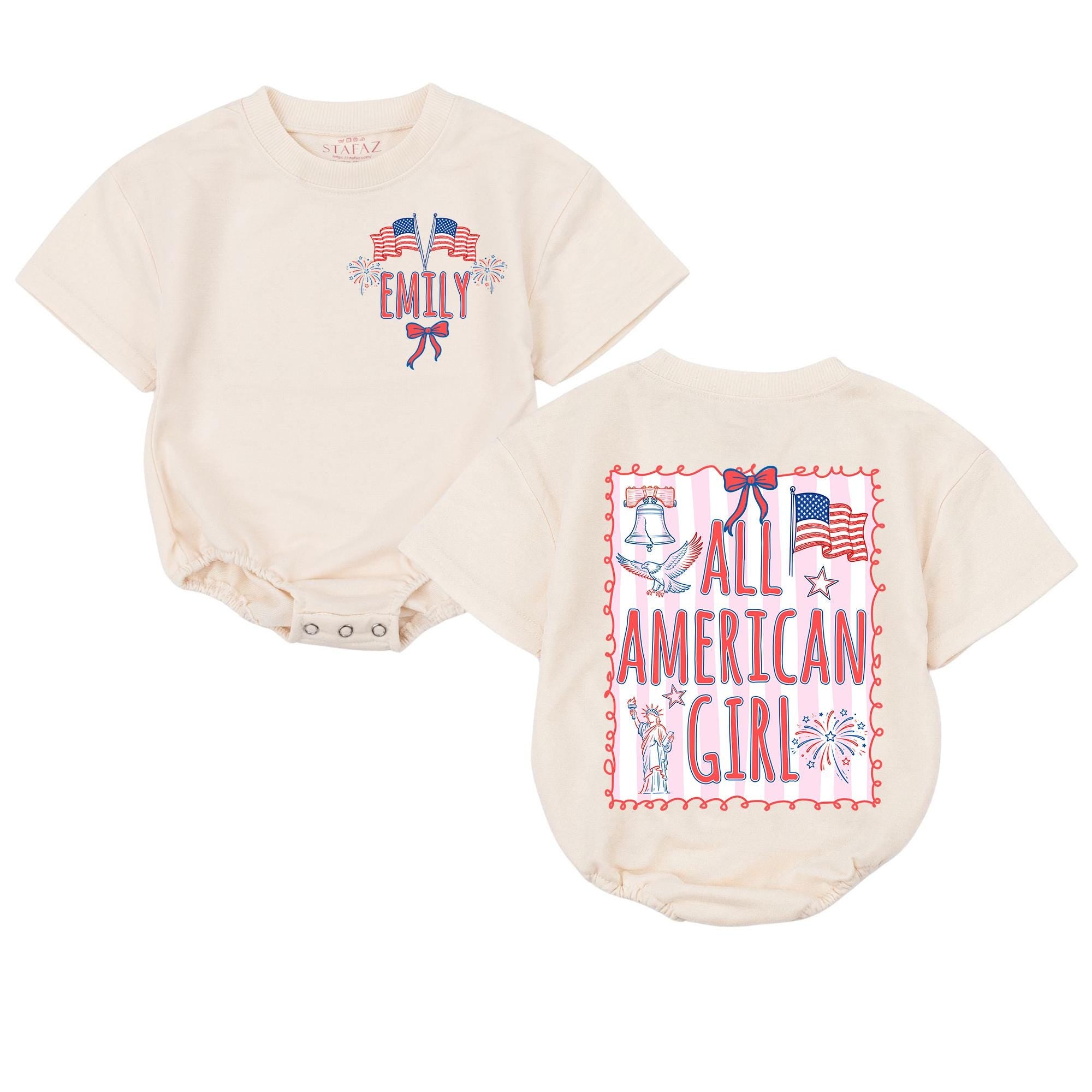 Personalized All American Girl Baby Romper with Name and Patriotic Graphics Red White Blue Bow Toddler Fourth of July Outfit
