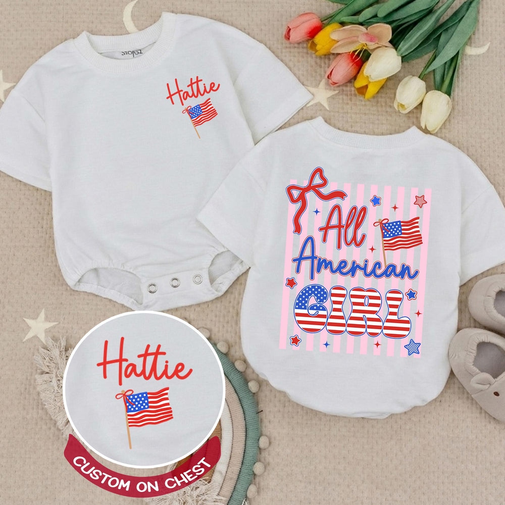 Personalized All American Girl Baby Romper with Red White Blue Design, 4th of July Toddler Outfit, Patriotic Infant Clothes with Name