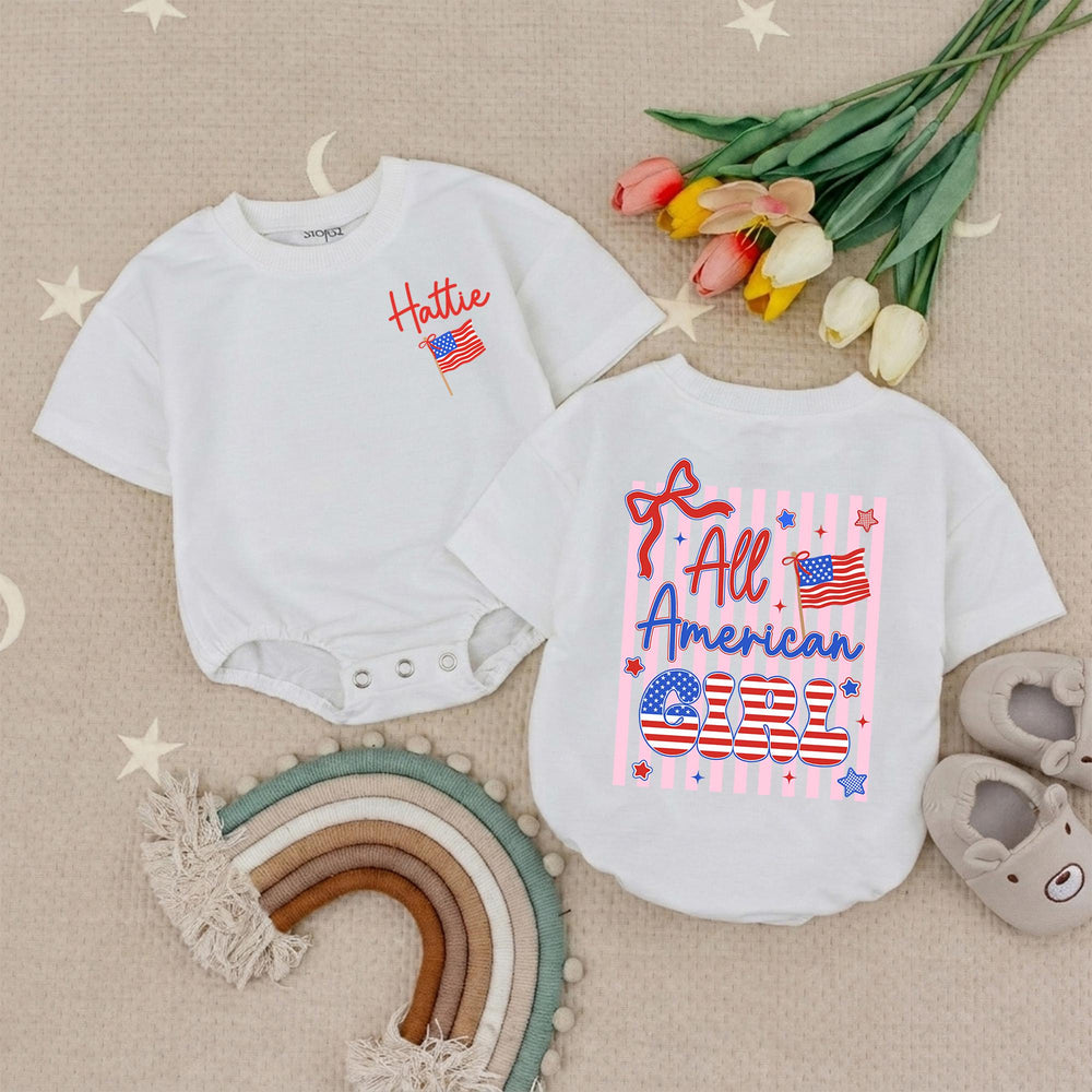 Personalized All American Girl Baby Romper with Red White Blue Design, 4th of July Toddler Outfit, Patriotic Infant Clothes with Name