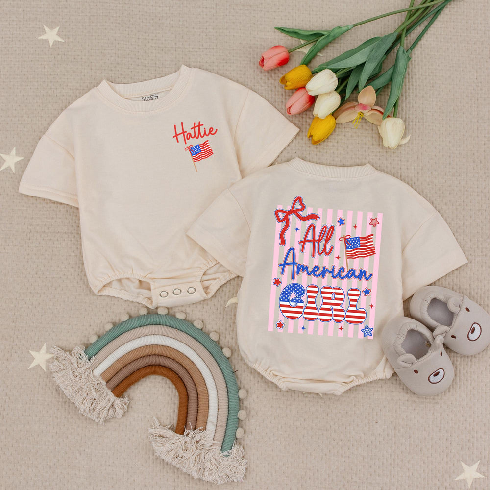 Personalized All American Girl Baby Romper with Red White Blue Design, 4th of July Toddler Outfit, Patriotic Infant Clothes with Name