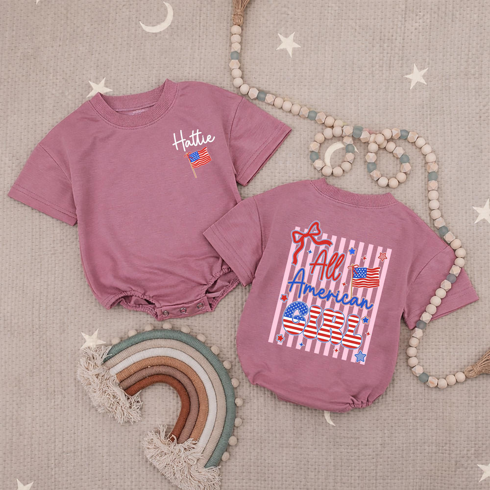 Personalized All American Girl Baby Romper with Red White Blue Design, 4th of July Toddler Outfit, Patriotic Infant Clothes with Name