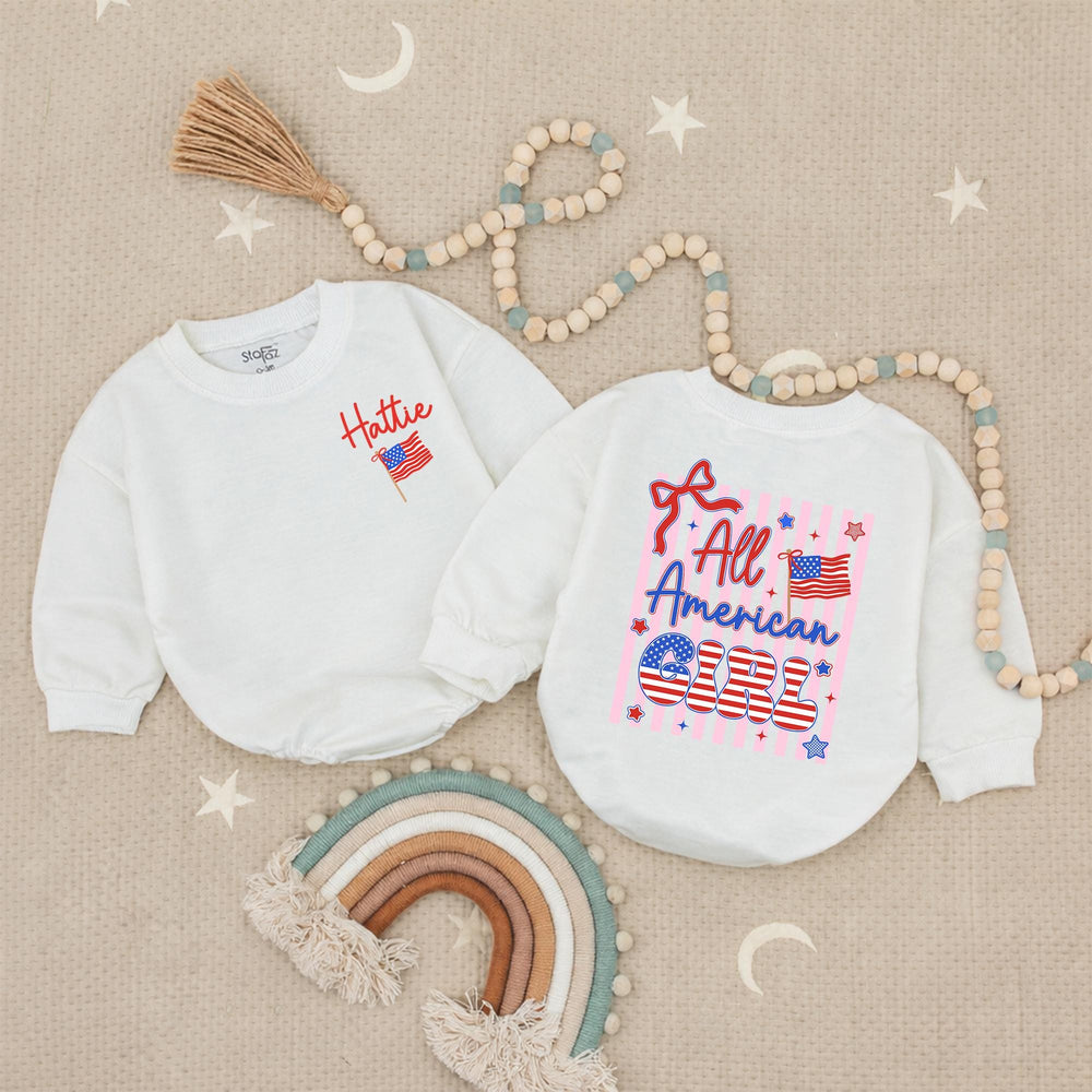 Personalized All American Girl Baby Romper with Red White Blue Design, 4th of July Toddler Outfit, Patriotic Infant Clothes with Name