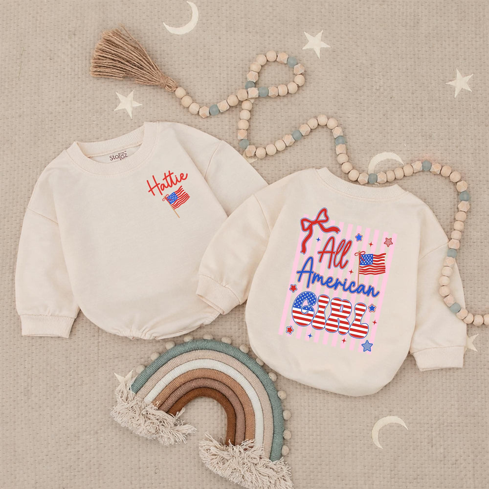 Personalized All American Girl Baby Romper with Red White Blue Design, 4th of July Toddler Outfit, Patriotic Infant Clothes with Name