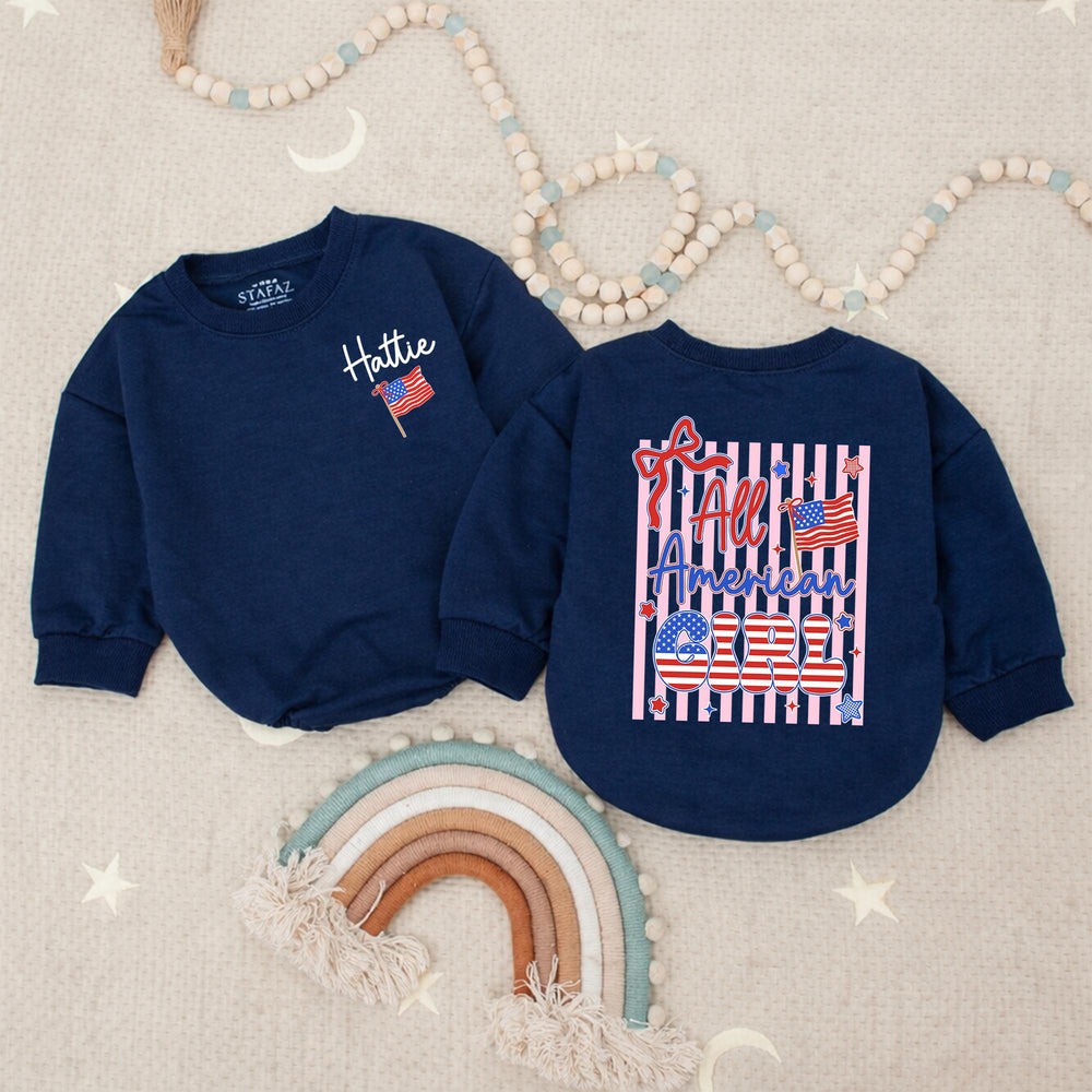 Personalized All American Girl Baby Romper with Red White Blue Design, 4th of July Toddler Outfit, Patriotic Infant Clothes with Name