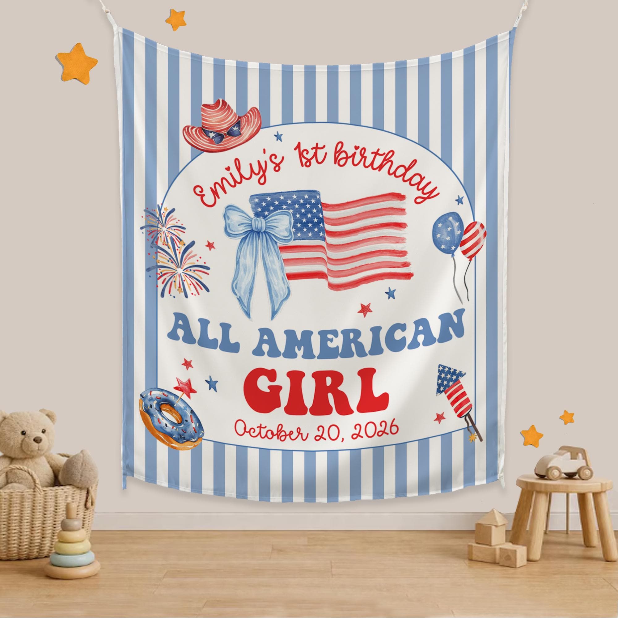 Personalized All American Girl Birthday Banner with USA Flag and Fireworks, Custom Name Patriotic Party Backdrop for Toddler Celebration