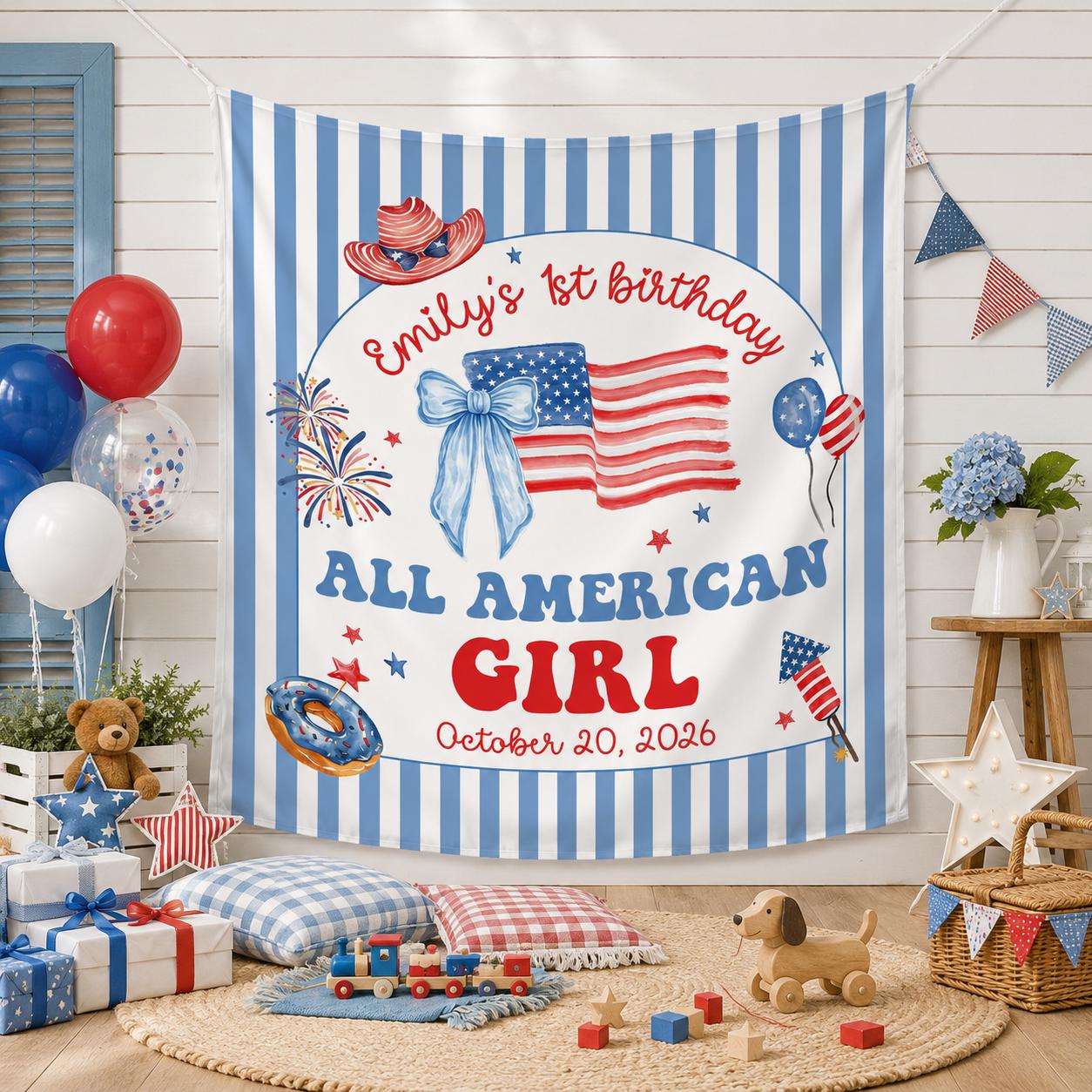 Personalized All American Girl Birthday Banner with USA Flag and Fireworks, Custom Name Patriotic Party Backdrop for Toddler Celebration