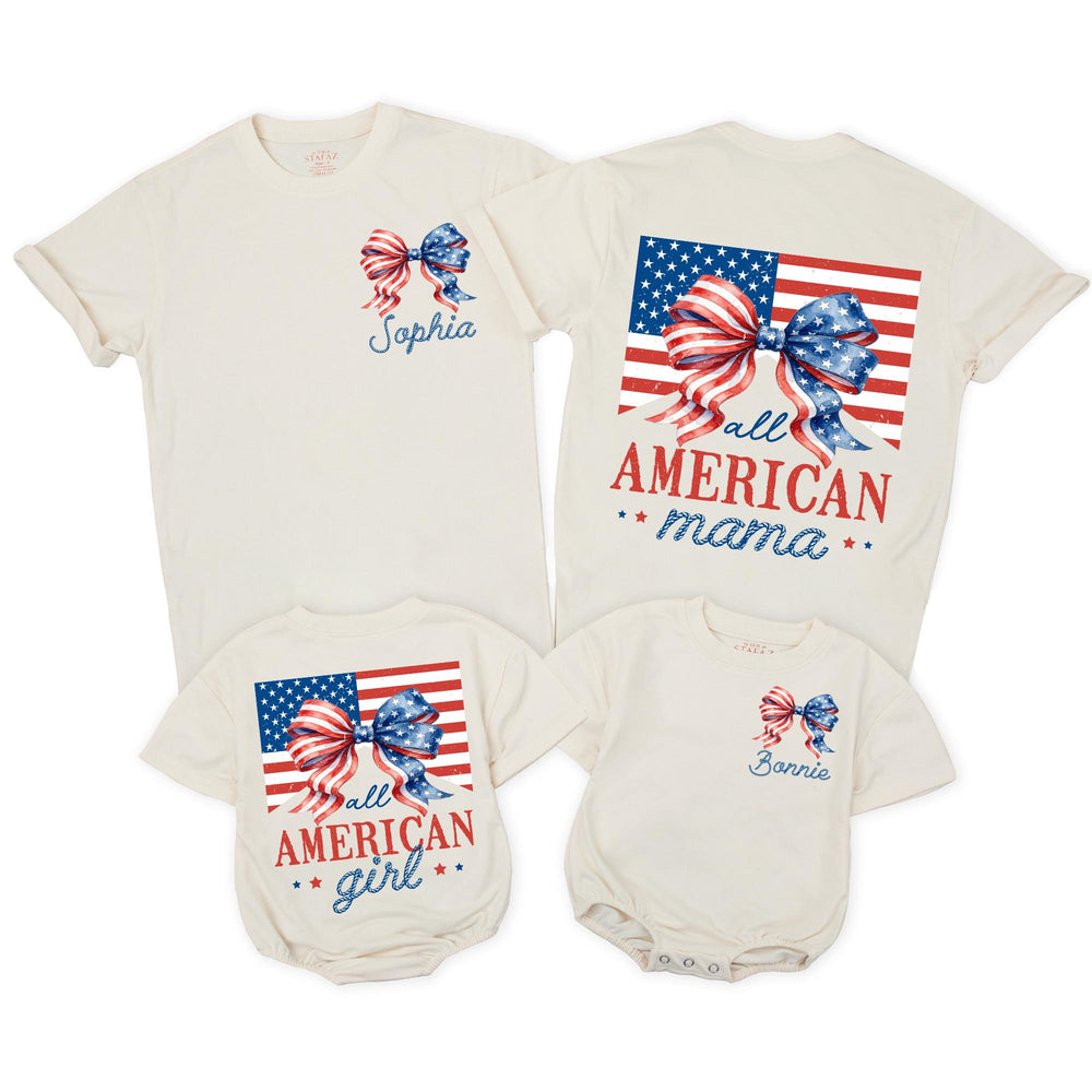 Personalized All American Girl Romper with Watercolor Bow 4th of July Toddler Outfit Family Matching Independence Day Clothes