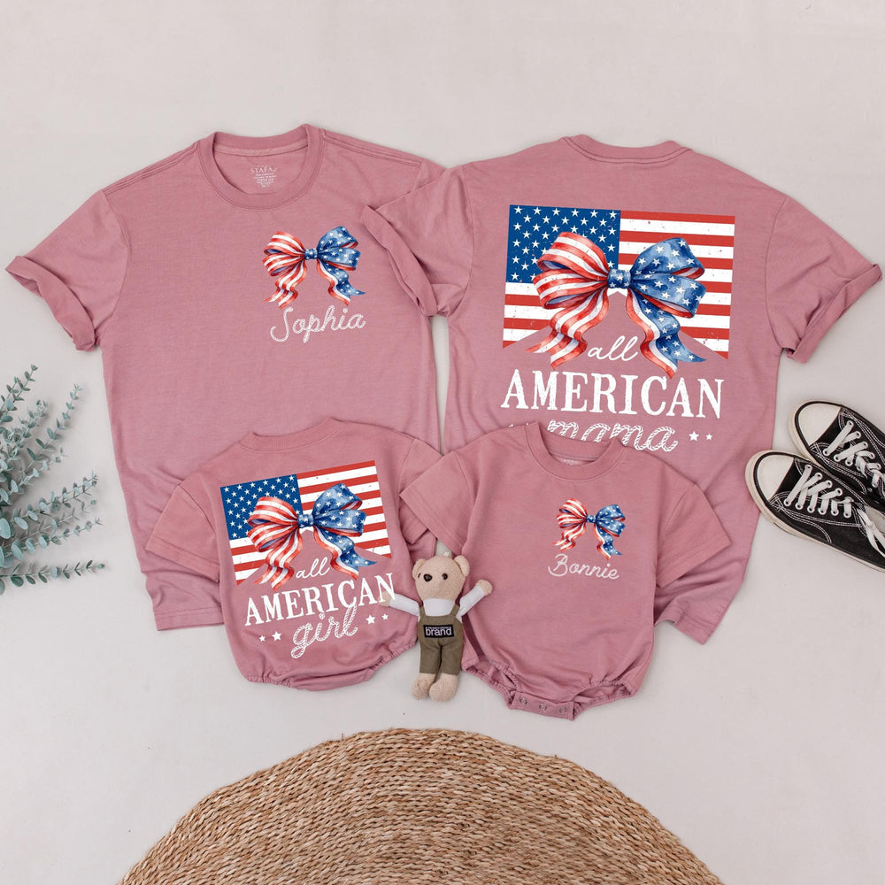 Personalized All American Girl Romper with Watercolor Bow 4th of July Toddler Outfit Family Matching Independence Day Clothes