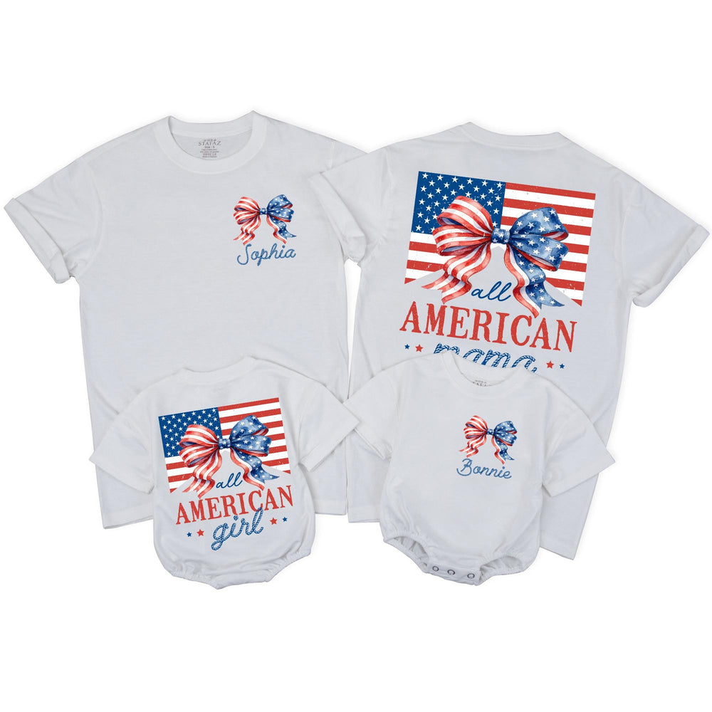 Personalized All American Girl Romper with Watercolor Bow 4th of July Toddler Outfit Family Matching Independence Day Clothes