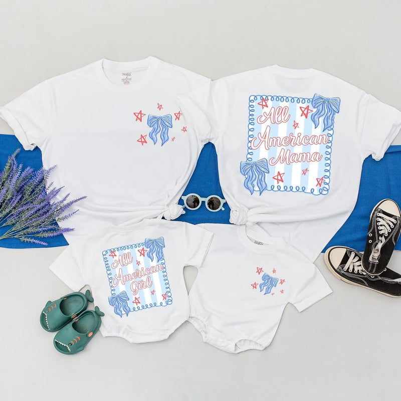 Personalized All American Mama and Girl Matching Shirts with Patriotic Stars and Ribbons Custom 4th of July Outfit for Baby or Toddler