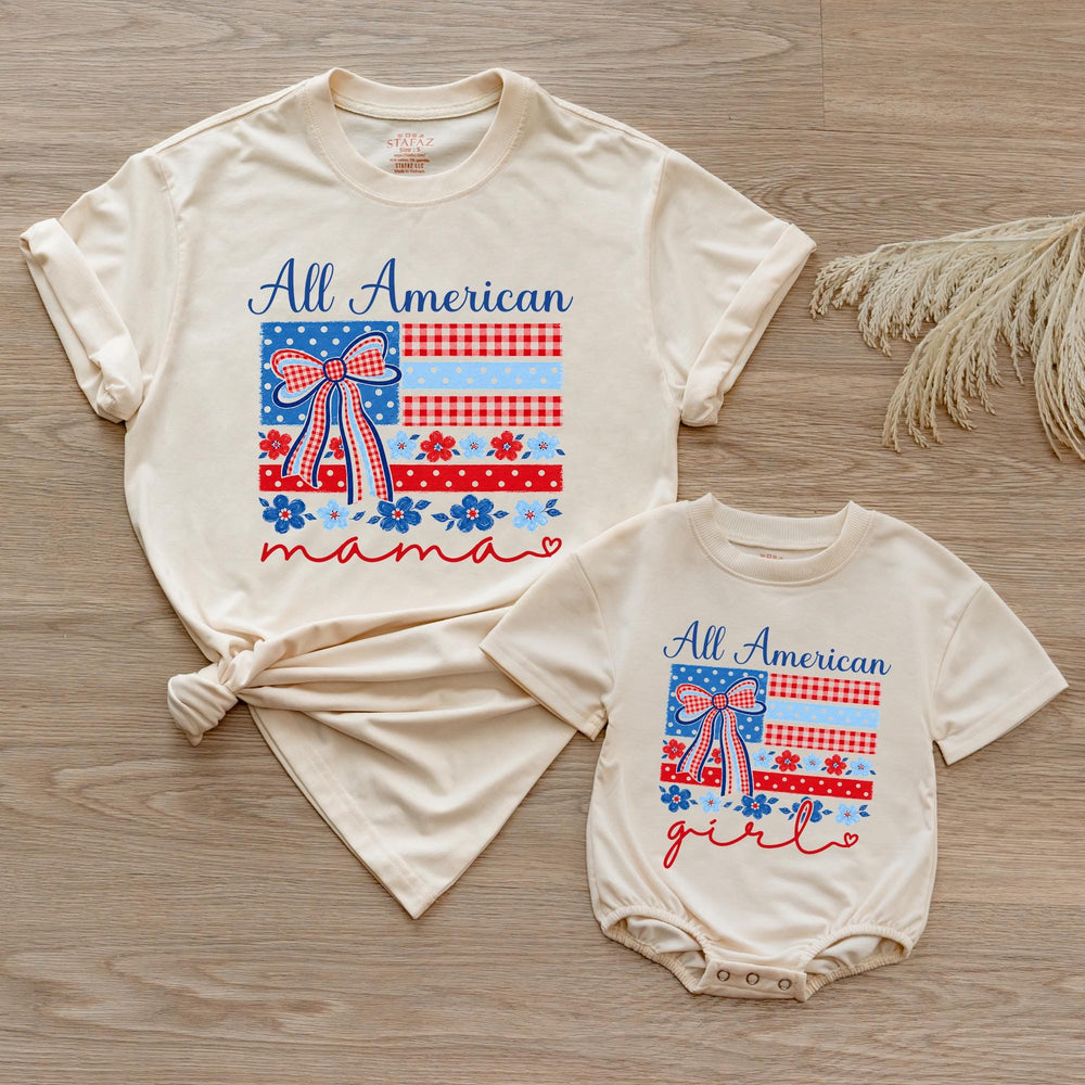 Personalized All American Mama and Me Shirts with Bow Patriotic Matching Outfit Custom Baby Romper Red Gingham Floral Cotton Comfortable