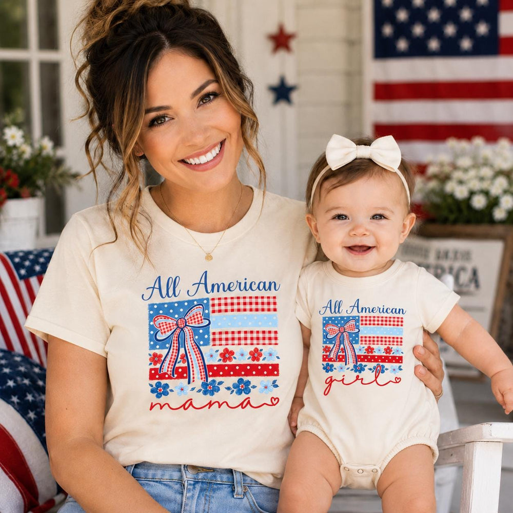 Personalized All American Mama and Me Shirts with Bow Patriotic Matching Outfit Custom Baby Romper Red Gingham Floral Cotton Comfortable