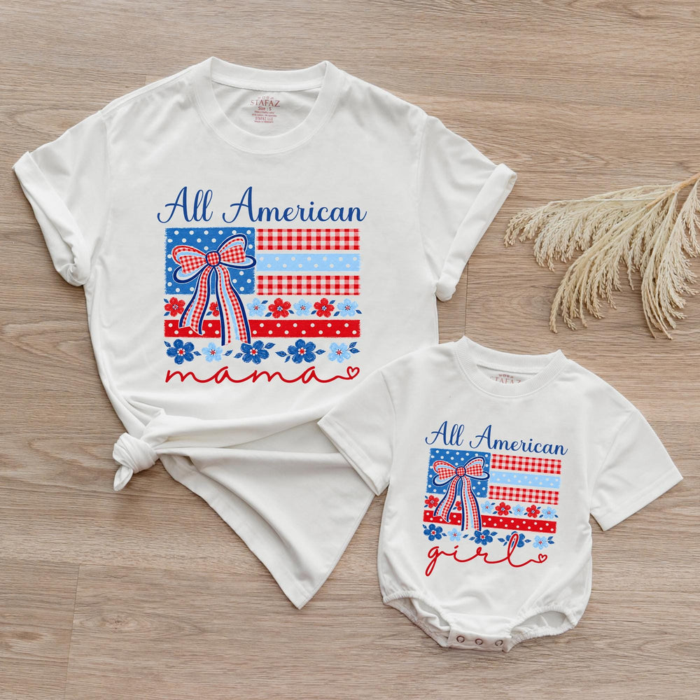 Personalized All American Mama and Me Shirts with Bow Patriotic Matching Outfit Custom Baby Romper Red Gingham Floral Cotton Comfortable
