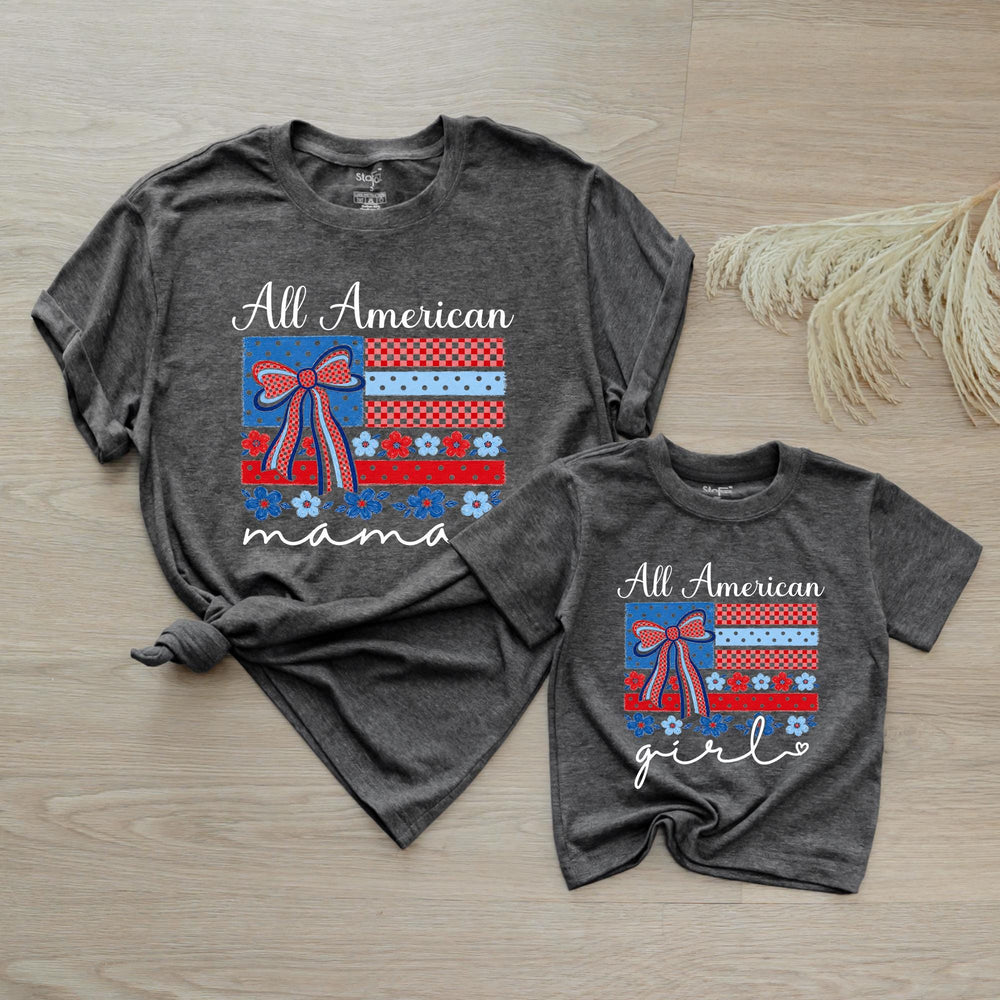 Personalized All American Mama and Me Shirts with Bow Patriotic Matching Outfit Custom Baby Romper Red Gingham Floral Cotton Comfortable