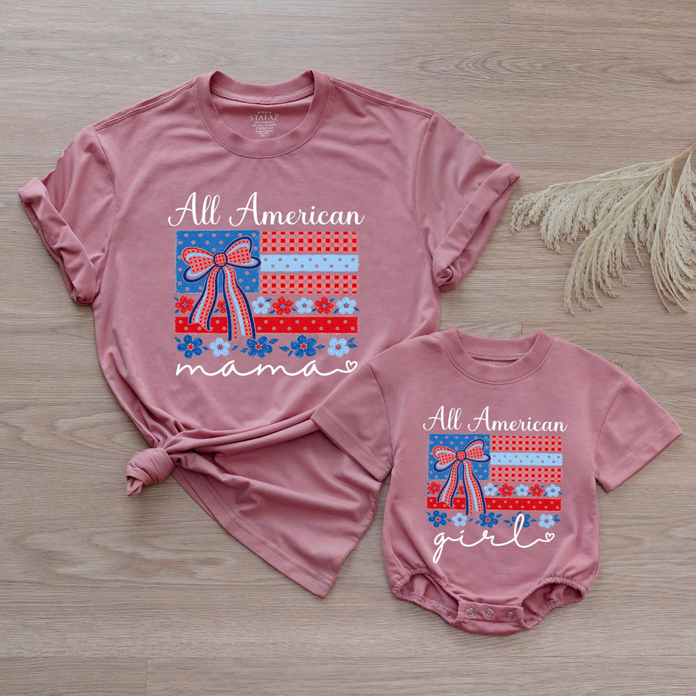 Personalized All American Mama and Me Shirts with Bow Patriotic Matching Outfit Custom Baby Romper Red Gingham Floral Cotton Comfortable