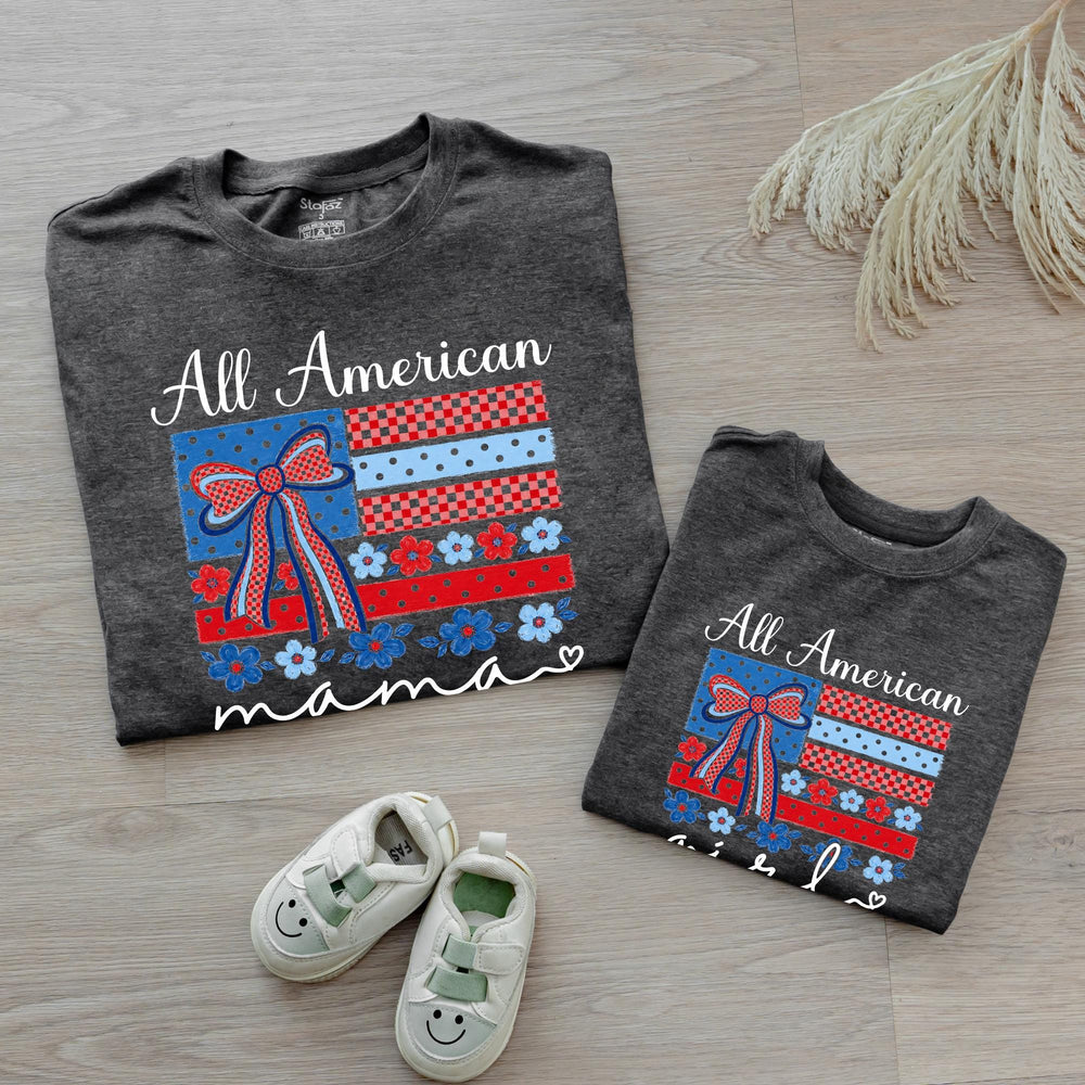 Personalized All American Mama and Me Shirts with Bow Patriotic Matching Outfit Custom Baby Romper Red Gingham Floral Cotton Comfortable
