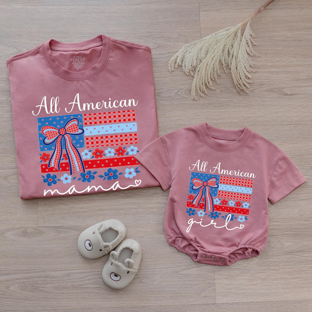 Personalized All American Mama and Me Shirts with Bow Patriotic Matching Outfit Custom Baby Romper Red Gingham Floral Cotton Comfortable