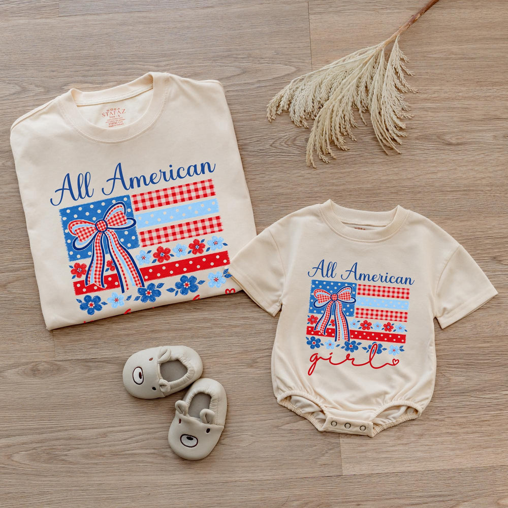Personalized All American Mama and Me Shirts with Bow Patriotic Matching Outfit Custom Baby Romper Red Gingham Floral Cotton Comfortable