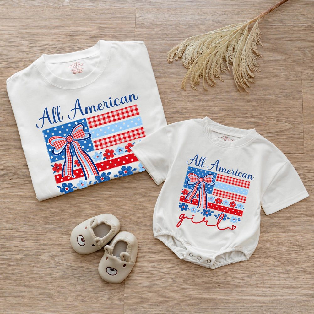 Personalized All American Mama and Me Shirts with Bow Patriotic Matching Outfit Custom Baby Romper Red Gingham Floral Cotton Comfortable