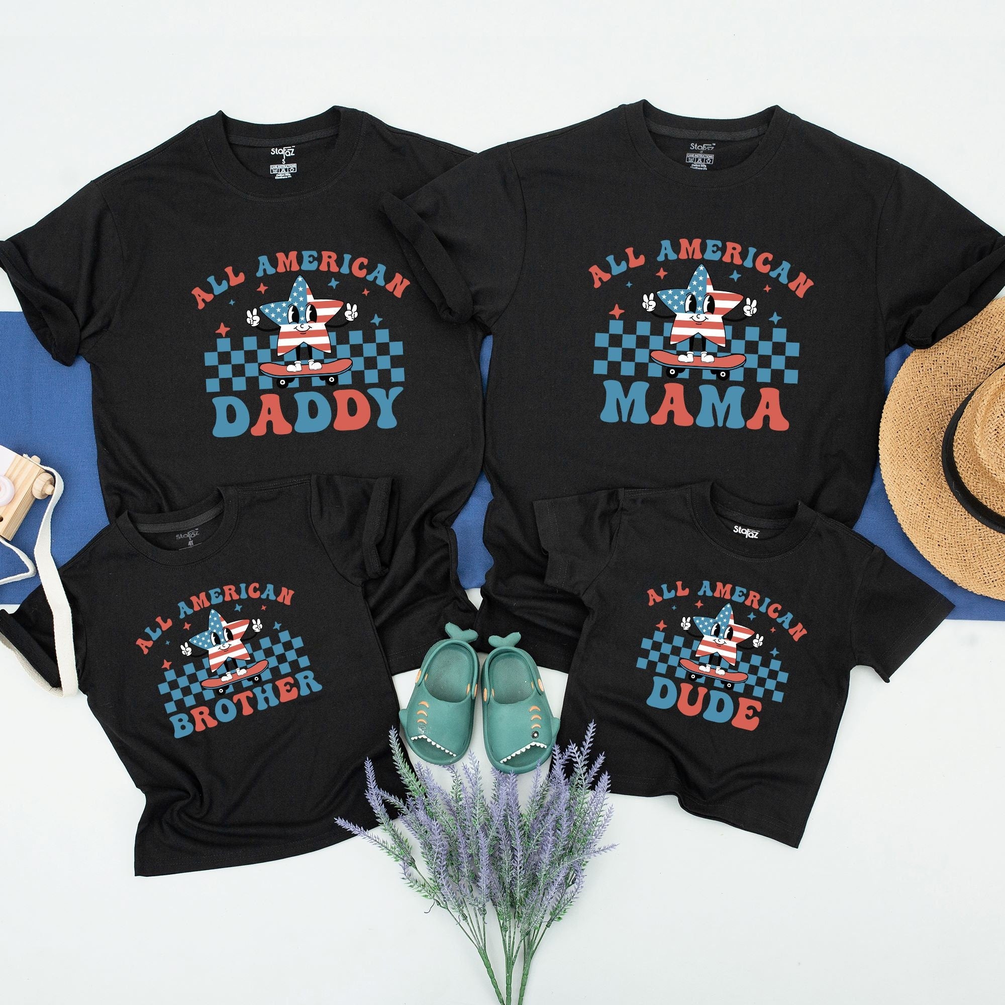 Personalized All American Matching Family Shirts With Patriotic Airplane Design Custom Names 4th of July Celebration Baby Toddler Outfit