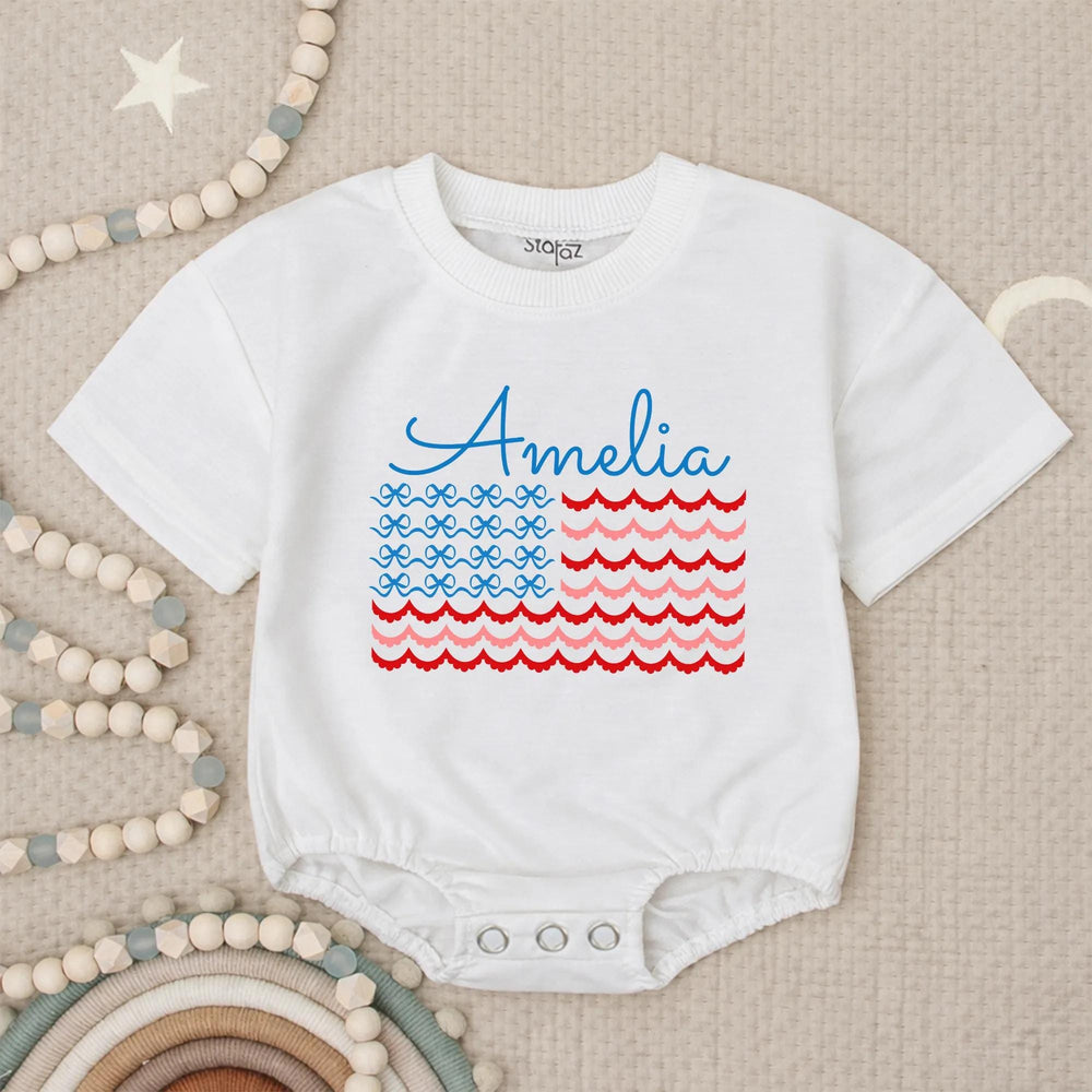 Personalized Amelia Bubble Romper with American Flag Design Baby Fourth of July Outfit Coquette Style Infant Gift Patriotic Holiday Clothes