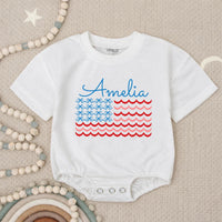 Personalized Amelia Bubble Romper with American Flag Design Baby Fourth of July Outfit Coquette Style Infant Gift Patriotic Holiday Clothes
