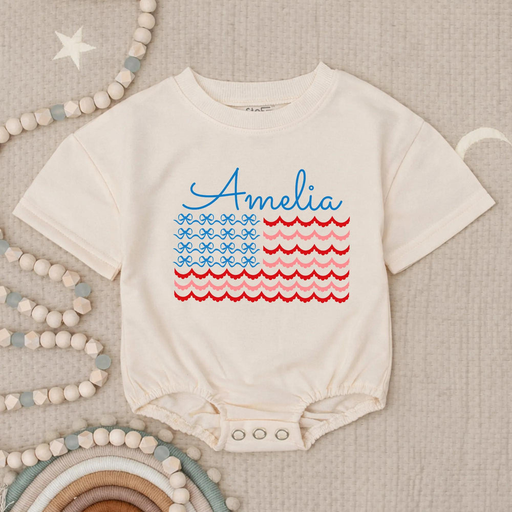Personalized Amelia Bubble Romper with American Flag Design Baby Fourth of July Outfit Coquette Style Infant Gift Patriotic Holiday Clothes