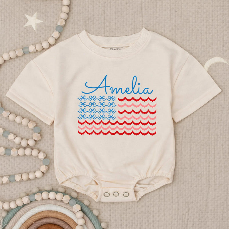 Personalized Amelia Bubble Romper with American Flag Design Baby Fourth of July Outfit Coquette Style Infant Gift Patriotic Holiday Clothes