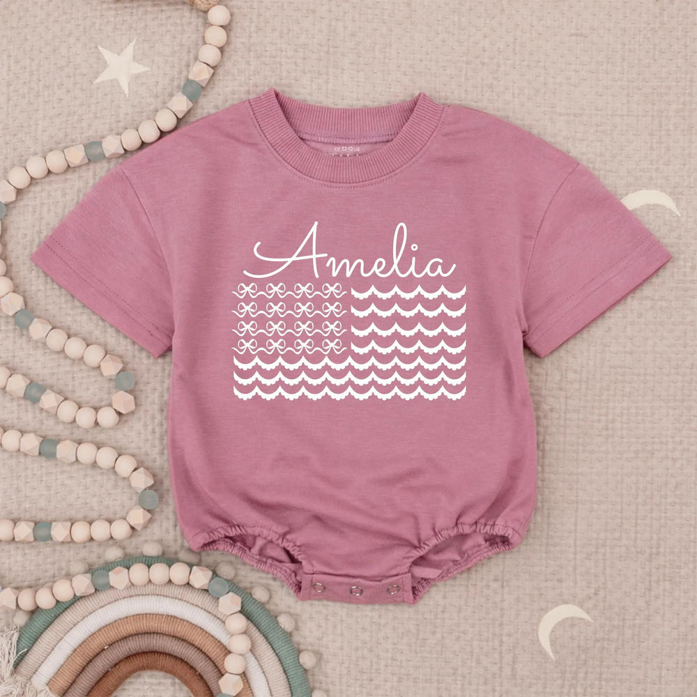 Personalized Amelia Bubble Romper with American Flag Design Baby Fourth of July Outfit Coquette Style Infant Gift Patriotic Holiday Clothes
