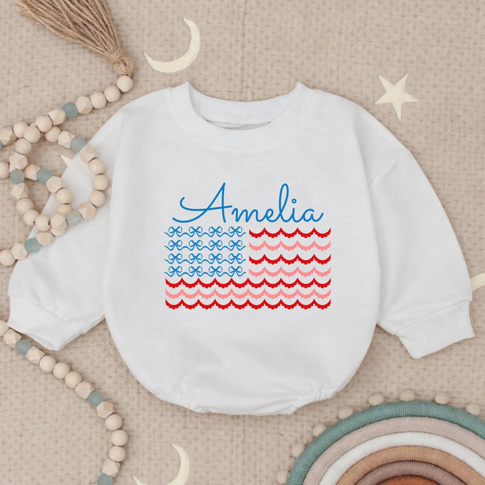 Personalized Amelia Bubble Romper with American Flag Design Baby Fourth of July Outfit Coquette Style Infant Gift Patriotic Holiday Clothes