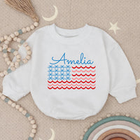 Personalized Amelia Bubble Romper with American Flag Design Baby Fourth of July Outfit Coquette Style Infant Gift Patriotic Holiday Clothes